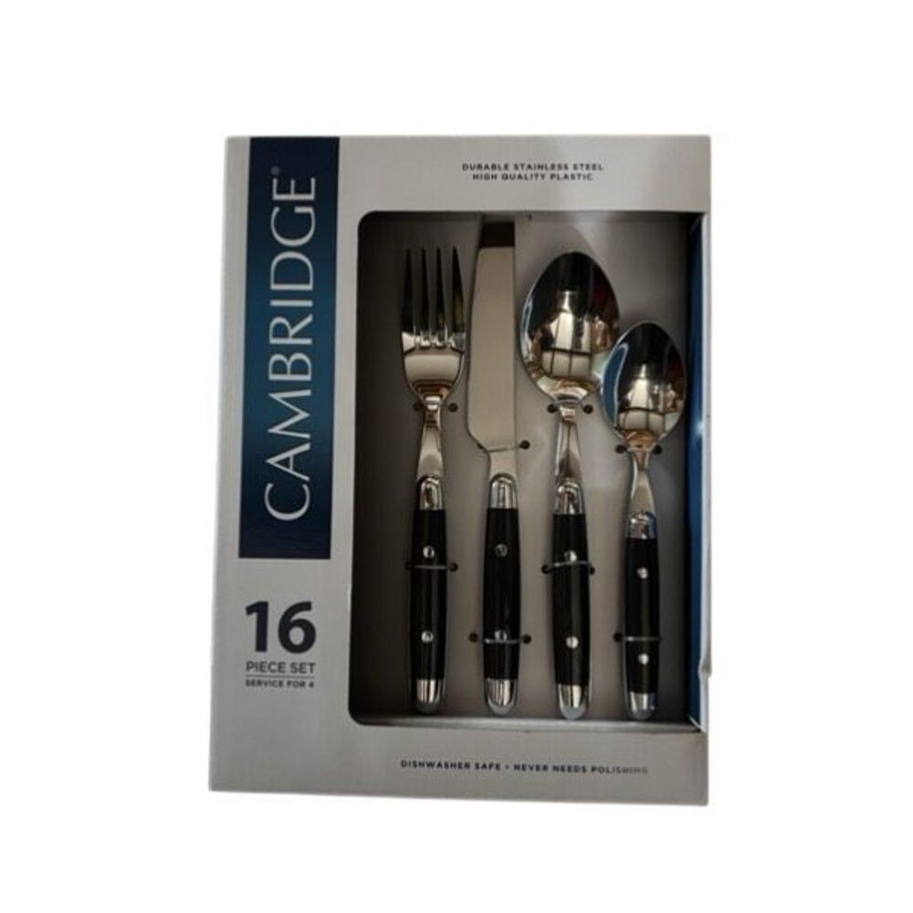 Cambridge Jubilee Stainless Steel Black Plastic 16 Piece Place Flatware Set